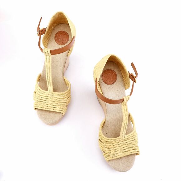 NIB Tory Burch Royal Tan Carina Straw Wedges Sandals 9.5 - Picture 4 of 12